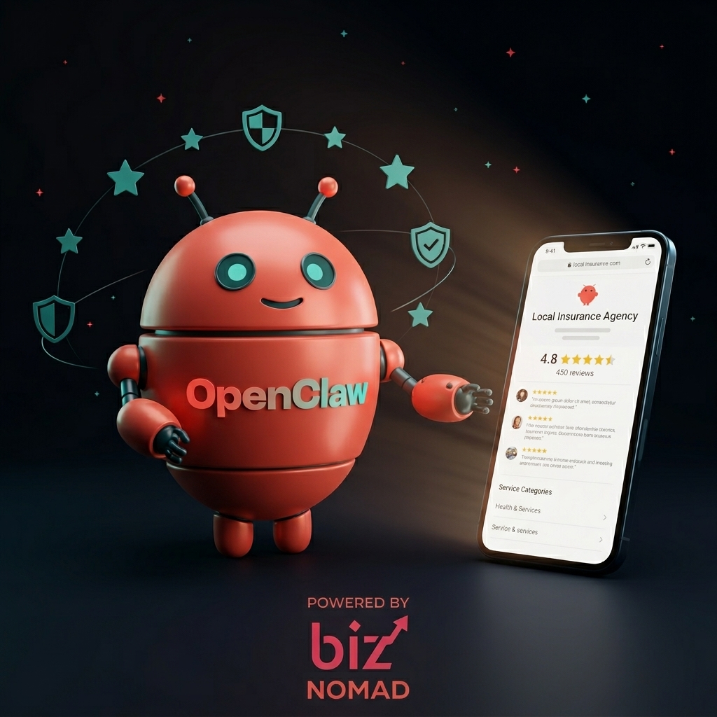 OpenClaw mascot boosting insurance agency ratings with 5-star reviews